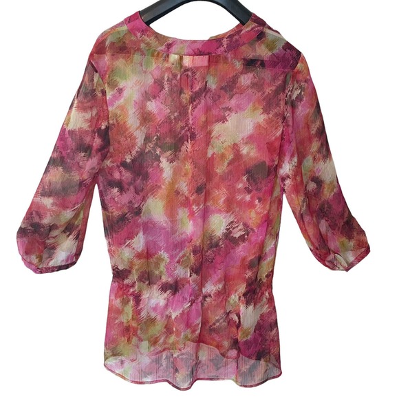 Chicos Size 1 M Tunic Top Sheer Blouse Pink Orange Elastic Drop Waist - Picture 2 of 3